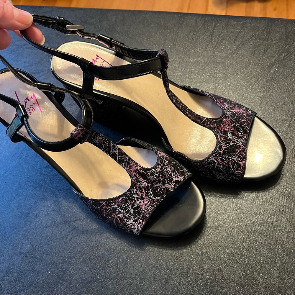 Black Pink/Blue metallic strappy chunky heels